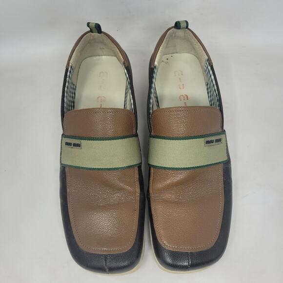 Miu Miu Shoes Mens 6.5 Brown Green Leather Colorblock Loafers Slip On Sporty main image 9